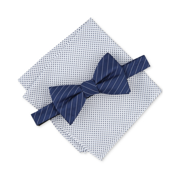 Alfani Men Ozark Stripe Bow Tie & Dot Pocket Square Set Navy - Picture 1 of 1